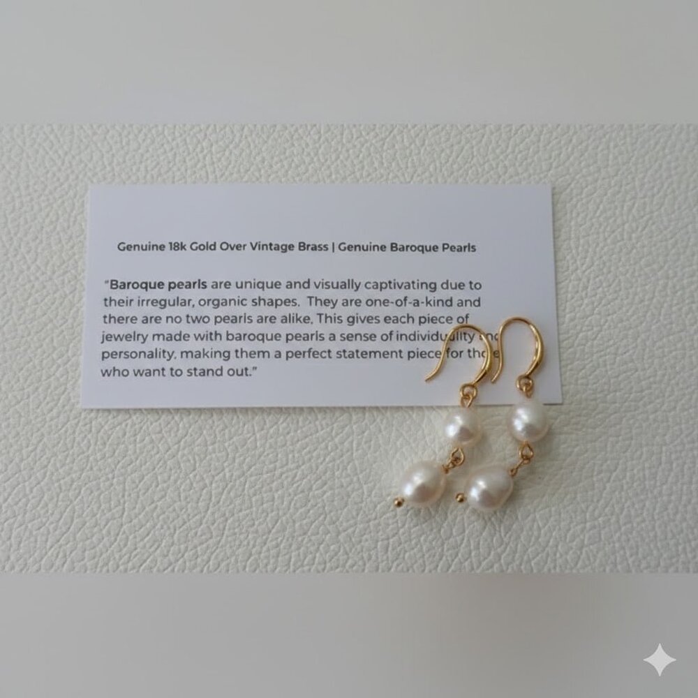 🔥BNWT Genuine 18K Gold over vintage Brass | Natural Baroque Pearls Earrings